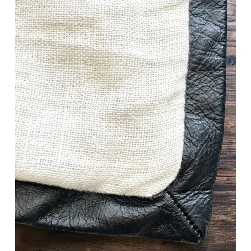 CB2 Kara Mann Tuxedo Throw Pillow Cover 20x20 White Linen Black Leather Trim